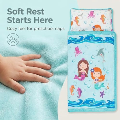 EVERYDAY KIDS Toddler Nap Mat with Removable Pillow -Underwater Mermaids- Carry Handle with Fastening Straps Closure, Rollup Design, Soft Microfiber for Preschool, Daycare Sleeping Bag, Ages 2-6 years