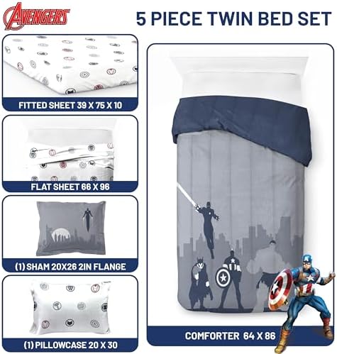 Marvel Avengers Twin Comforter Set 5 Piece Soft Bedding for Boys, Blue