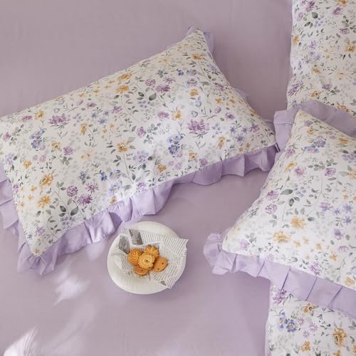 mixinni Floral Duvet Cover Set King Size, 100% Cotton 3-Piece Bedding Set with Ruffled Lace, Reversible Lavender Wildflower Ruffle Design, Soft Aesthetic Cottagecore Duvet Cover with Zipper Closure