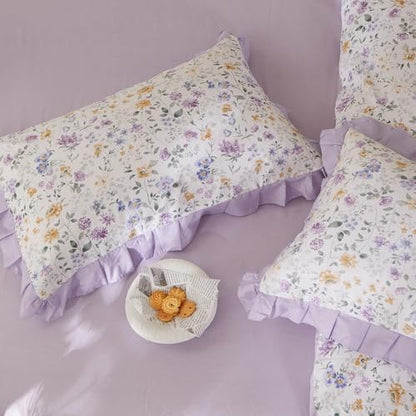 mixinni Floral Duvet Cover Set King Size, 100% Cotton 3-Piece Bedding Set with Ruffled Lace, Reversible Lavender Wildflower Ruffle Design, Soft Aesthetic Cottagecore Duvet Cover with Zipper Closure