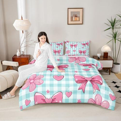 jejeloiu Checkerboard Bowknot Comforter Set Pink Bow Bedding Set Kids Twin