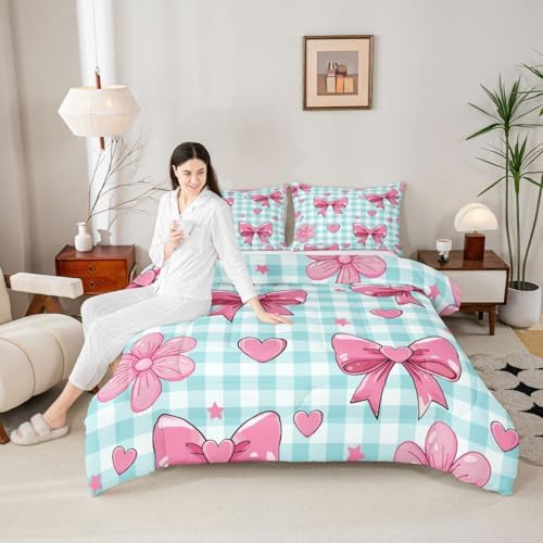 jejeloiu Checkerboard Bowknot Comforter Set All Season Pink Bow Bedding Set with 1 Pillow Cases Plaid Microfiber Kids Toddler Bedclothes Blue Bedroom Decor Duvet Quilt Breathable Soft Lightweight