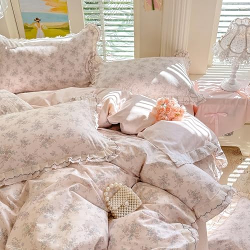 Botanical Floral Duvet Cover with Romantic Ruffle, 100% Cotton Aesthetic Flower Coquette Duvet Cover Twin XL, 3 Piece Girls Princess Lace Comforter Cover, French Country Cottagecore Bedding Set