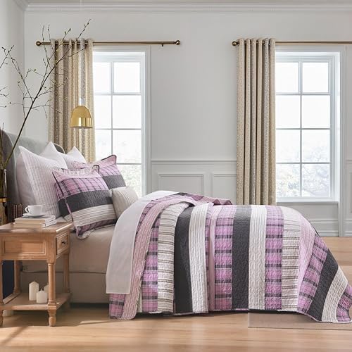 Homzard 100% Cotton King Quilt Bedding Set, Pink Black Striped Plaid King Size Quilt，Lightweight Breathable Vintage Bedspread Set,Reversible Comforter Coverlet Four Season 3 Pieces Bed Set