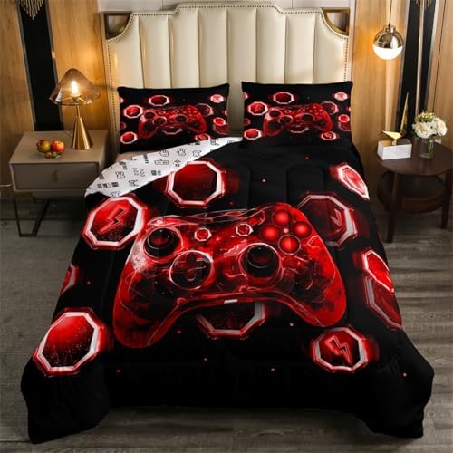 Feelyou Kids Red Gamer Comforter Set Toddler Size, Game Console Bedding Set Space Universe Gaming Comforter Boys Girls Gamepad Teens Duvet Set Bedroom Decor 2Pcs