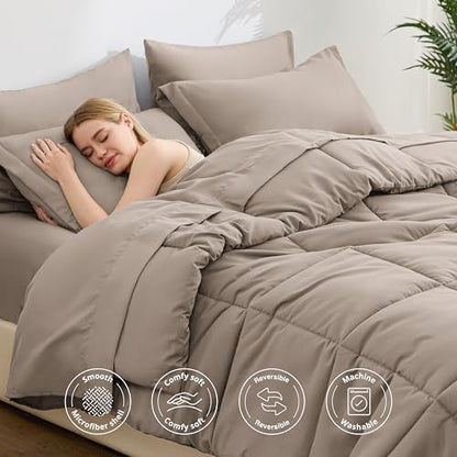 Love's cabin Twin Comforter Set Light Brown, 5 Pieces Twin Bed in a Bag, All Season Bedding Sets with 1 Comforter, 1 Flat Sheet, 1 Fitted Sheet, 1 Pillowcase and 1 Pillow Sham