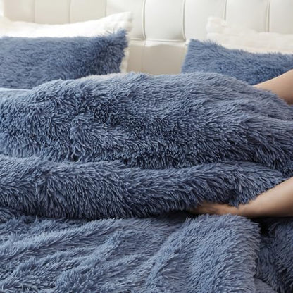 Smoofy Fluffy Queen Comforter Set, Infinite Blue Faux Fur Comforter 3 Pcs