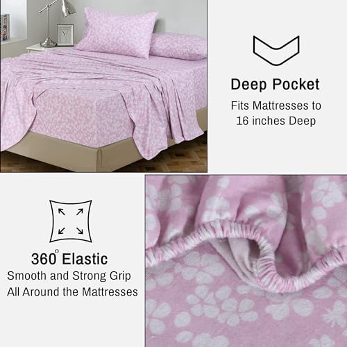 RUVANTI Flannel Sheets King Size, Pink Flora