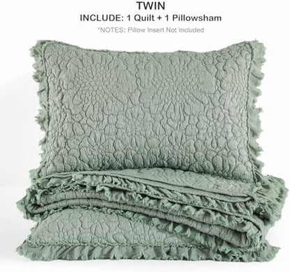 HORIMOTE HOME Sage Green Ruffled Quilt Twin Size, Shabby Chic Floral Quilt Set Lightweight Crinkled Farmhouse Rustic Bedding Set, 2 Pieces Reversible Bedspread with 1 Pillow Sham for All Season