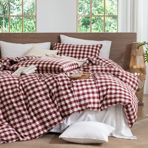 MooMee Gingham Duvet Cover Set 100% Washed Cotton Linen Like