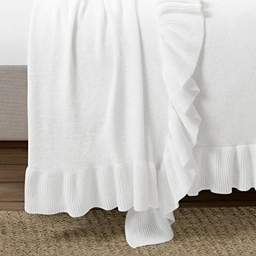 Lush Decor Reyna Soft Knitted Ruffle Throw Blanket, 104" W x 88" L, White - Classic Ruffled Bedding - Knit Blanket - Cozy Oversized Blanket For Bed or Couch - Vintage, Minimalist & Cottage Home Decor