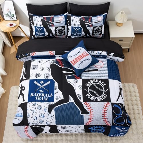 A Nice Night Sports Baseball Comforter Full Bedding Set for Boys,Blue