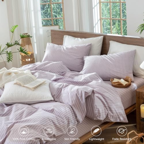 MooMee Striped Duvet Cover Set 100% Washed Cotton Linen Like Queen
