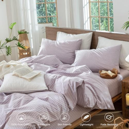 MooMee Striped Duvet Cover Set 100% Washed Cotton Linen Like Queen