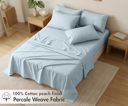 RUVANTI 100% Cotton Full Sheet Set, Percale Full Size Sheets, Blue