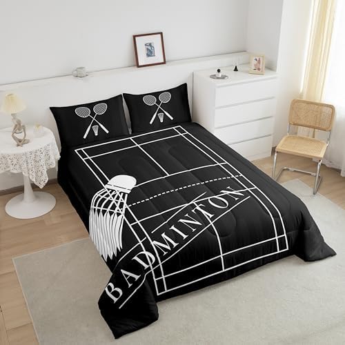 Erosebridal Kids Badminton Bedding Set Twin White Badminton Print Comforter Set for Kids Boys Girls, Black Duvet Insert Sport Quilt Comforter, Badminton Court Quilted Comforter (Reversible Black)