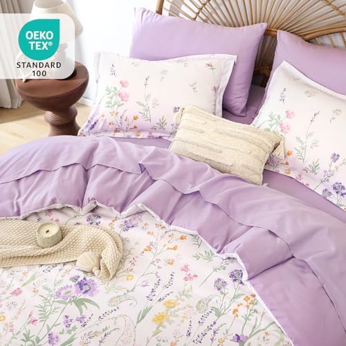 Yiran 7 Piece Floral Full Size Comforter Set, Purple Flower Comforters Bedding Set Aesthetic Botanical Bed in a Bag for Women Girls, Soft Microfiber Cottagecore Farmhouse Bed Set with Sheets
