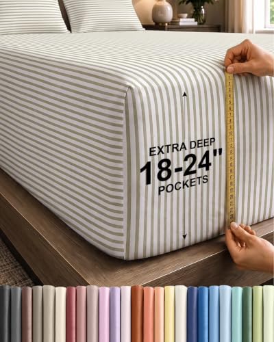 CGK Linens Extra Deep Flex Top Split Head King Fitted Sheet - Beige Stripes