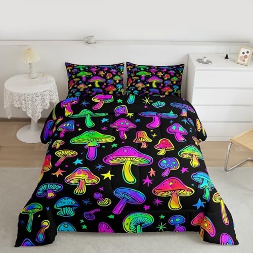 Boys Cute Mushroom Bedding Sets Full Size,Teen Girls Purple Black Hippie Mushrooms Comforter Set Kids Colorful Stars Botanical Bed Comforter Set Wild Plant Bedding Quilt Teal 2 Pillow Cases