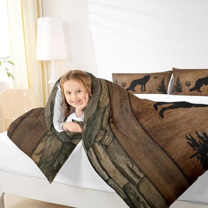 Manfei Wolf Kids Comforter Set Queen Size, Wild Animal Down Comforter, Rustic Farmhosue Brown Wooden Plank Bedding Set for Boys Teens Adults Room Decor, Lightweight Duvet Insert, 2 Pillowcases