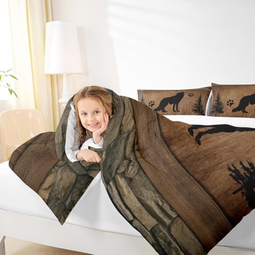 Manfei Wolf Kids Comforter Set Twin Size, Wild Animal Down Comforter, Rustic Farmhosue Brown Wooden Plank Bedding Set for Boys Teens Adults Room Decor, Lightweight Duvet Insert, 1 Pillowcase
