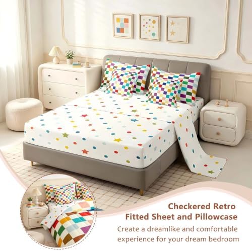 Feelyou Colorful Checkered Retro 7 Piece Bedding Set Kids Boys Girls Modern Geometric Cute Comforter Set with Sheets Full Size Beige Colorful Bed in a Bag Vintage Simple Groovy Aesthetic Room Decor