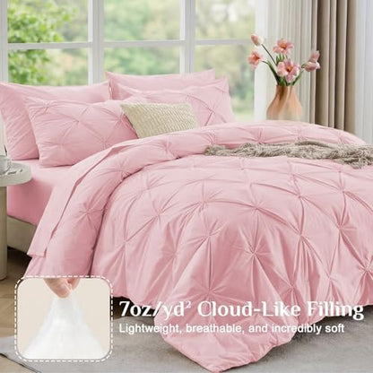 JOLLYVOGUE Full Size Comforter Sets 7 Pieces - Bed in a Bag Full for All Season, Pintuck Bedding Comforter Sets with Comforter, Flat Sheet, Fitted Sheet and Pillowcases & Shams, Baby Pink