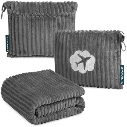 PAVILIA Travel Blanket Pillow, Soft Ribbed Fleece Airplane Blanket, Gray