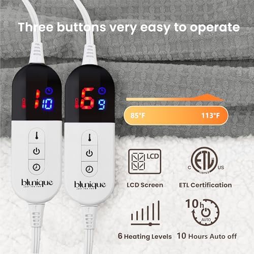 Heated Blanket Electric Blanket Queen Waffle,84x90 Inches Sherpa Fleece Fast Heating Blanket 6 Heating Levels & 10 Hours Auto Off ETL Certification, Grey Queen
