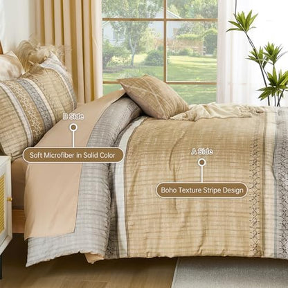 Dintszyayue Khaki King Comforter Size Set, 8 Pieces Striped Boho Texture Bed in a Bag Sets, Lightweight Soft Bohemian Comforter and Sheet Set, All Season Microfiber Bedding Sets for Men Women