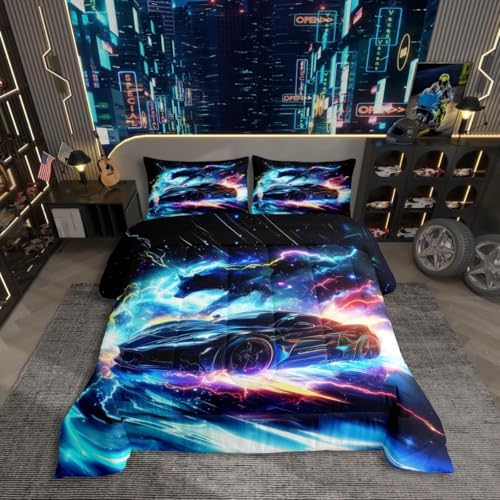 Modern Race Car Toddler Comforter Set Lightning Wolf Animal Bedding for Kids Boys Teen Room Decor Watercolor 3D Cool Racing Car Quilt Bed Set With 1 Pillowcase Rainbow Extreme Sports Devut Insert