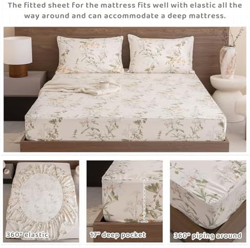 QSH Floral King Size Sheet Sets - 100% Egyptian Cotton Floral Bedding Sheets Yellow Green Leaves Flower Pattern Printed Bedding King Size Bed Sheets 17.5" Extra Deep Pocket 4pcs