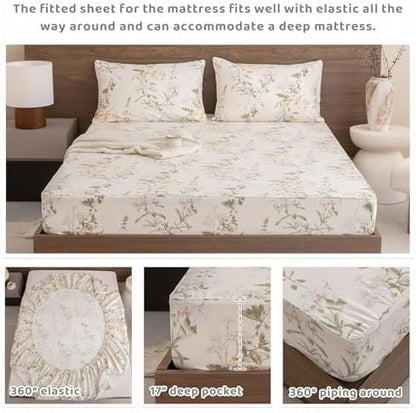 QSH Floral King Size Sheet Sets - 100% Egyptian Cotton Floral Bedding Sheets Yellow Green Leaves Flower Pattern Printed Bedding King Size Bed Sheets 17.5" Extra Deep Pocket 4pcs