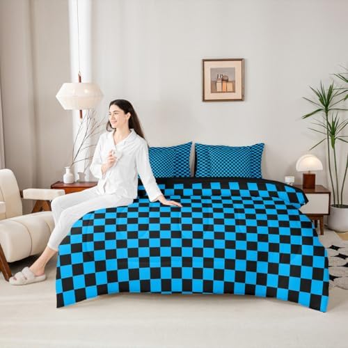 jejeloiu Blue Black Bedding Set 7Pcs King Size Kids Plaid Checkered Comforter Set with Sheets for Boys Girls Classic Grid Buffalo Check Bed in a Bag Soft Lightweight,Microfiber