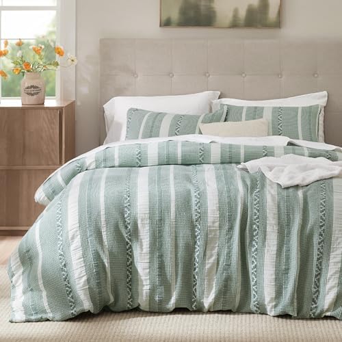 Bedsure PureWoven Boho Striped Cotton Waffle Duvet Cover Set, King, Green