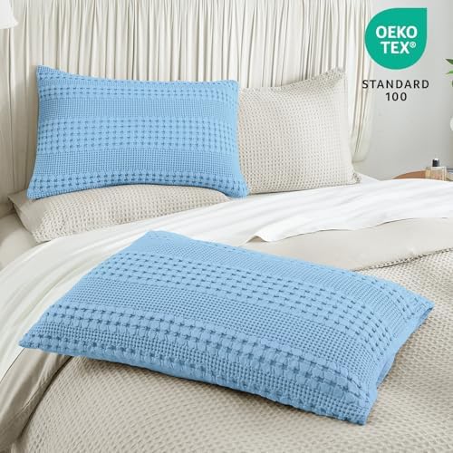 PHF Cotton Waffle Pillow Shams Standard Size 20" x 26", Sky Blue, No Insert