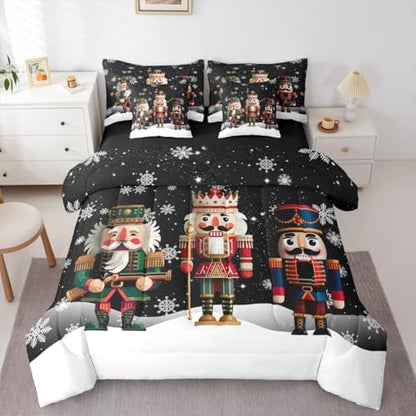 Erosebridal Xmas Nutcracker 7 Piece Bedding Set Twin Soldier Comforter Set with Sheets Christmas Black White Bed in a Bag Cute Snowflakes Bed Sets Comforter