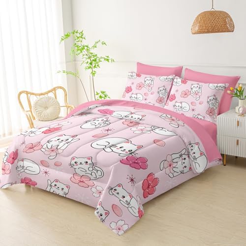 QOOMO Pink Cat 7 Pieces Comforter Set Queen,Sakura Cat Bedding Set for Kids
