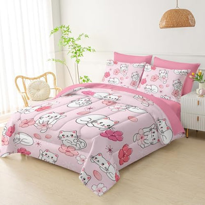 QOOMO Pink Cat 7 Pieces Comforter Set Twin,Sakura Cat Bedding Set for Kids
