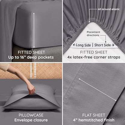 Bambaw King Sheets Set 4pcs, 100% Viscose Derived from Bamboo Sheets, King Size Cooling Sheets Set, Hotel Luxury Bed Sheets Set, Deep Pockets Fits Up to 16'' Mattresses, King Sheets Soft (Dark Gray)