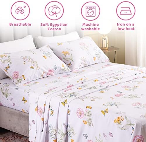 QSH Floral King Size Sheet Sets - Flower Butterfly Print Pattern Egyptian Cotton Printed Bedding Sheets 4pcs Extra Soft and Breathable 17.5" Extra Deep Pocket King Size Sheets