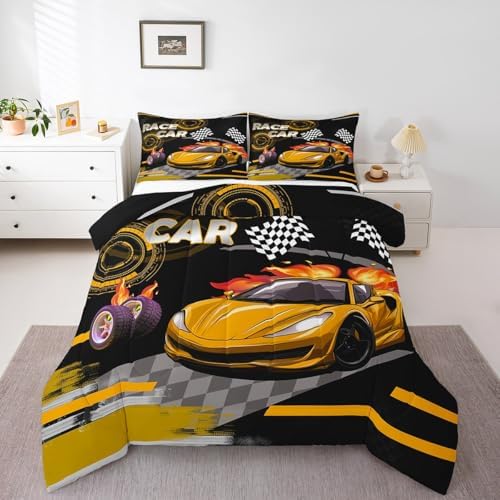 Feelyou Kids Yellow Race car Comforter Set Queen Size Speed Sports Car Bedding Set Boys Girls Automobile Racing Car Quilt Set Extreme Sports Theme Bed Set