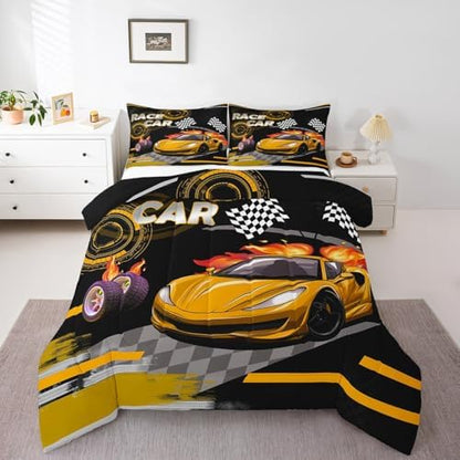 Feelyou Kids Yellow Race car Comforter Set Full Size Speed Sports Car Bedding Set Boys Girls Automobile Racing Car Quilt Set Extreme Sports Theme Bed Set