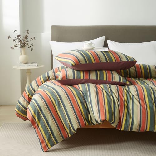 mixinni Twin XL Size Comforter Set 3 Pieces, Vintage Colorful Striped Washed Cotton Reversible Comforter with 2 Pillowcases, All Season Lightweight Bedding for Women & Men, Retro Mid-Century Style