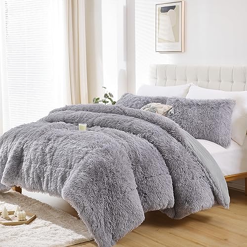 Smoofy Fluffy Full Size Comforter Set, Grey Faux Fur Comforter Set 3 Pieces