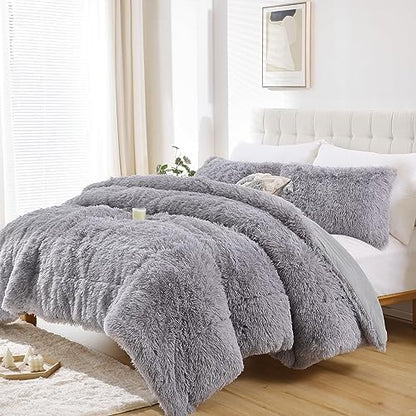Smoofy Fluffy Full Size Comforter Set, Grey Faux Fur Comforter Set 3 Pieces