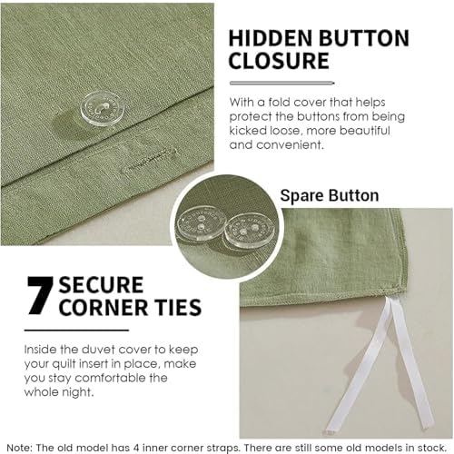 Simple&Opulence 100% Linen Duvet Cover Set 2pcs Basic Style Natural French Washed Flax Solid Color Soft Breathable Farmhouse Bedding with Button Closure - Sage Green, Twin
