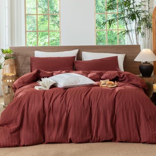 MooMee Striped Duvet Cover Set 100% Washed Cotton Linen Like Queen