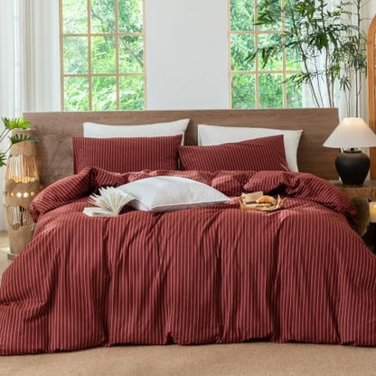 MooMee Striped Duvet Cover Set 100% Washed Cotton Linen Like Queen