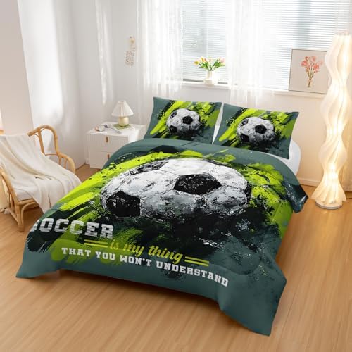 Nttopship Sports Soccer Comforter Set King Size,Green Soccer Ball Bedding Sets 3PCS for Kids Teen Adult Sports Room Decor Ultra-Soft Lightweight Microfiber 1 Comforter with 2 Pillowcases